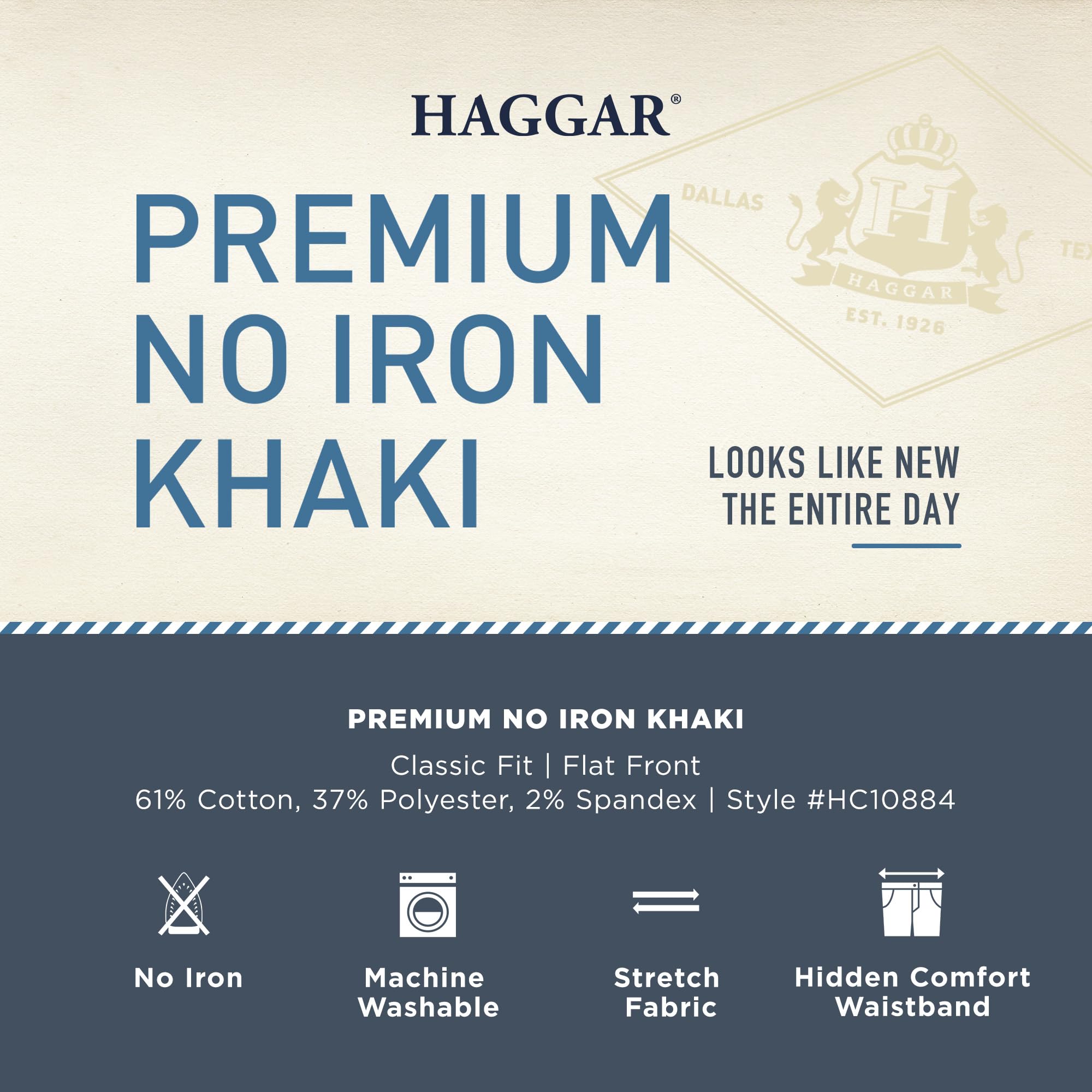 Haggar Mens classic Fit Flat-Front Hidden Expandable Waistband Premium No Iron Khaki, 38W x 29L - Dark grey