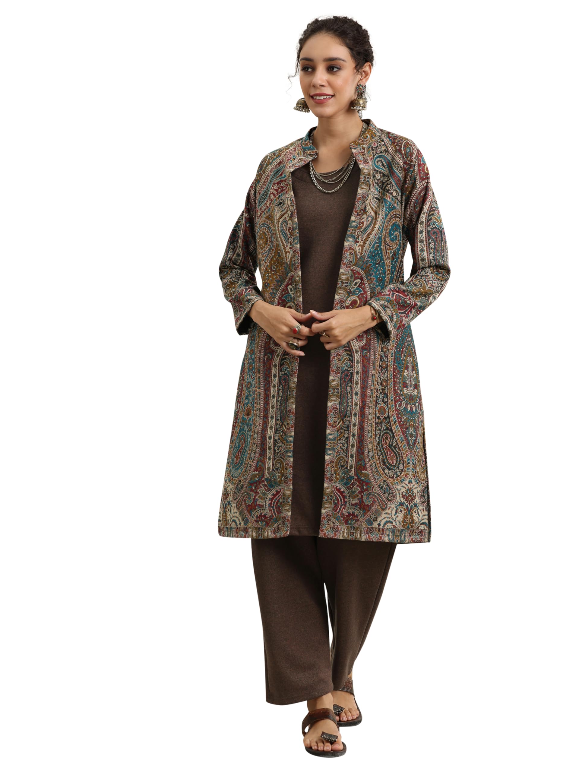 Libas Womens Woven Design Wool Straight Kurta With Trousers And Jacket