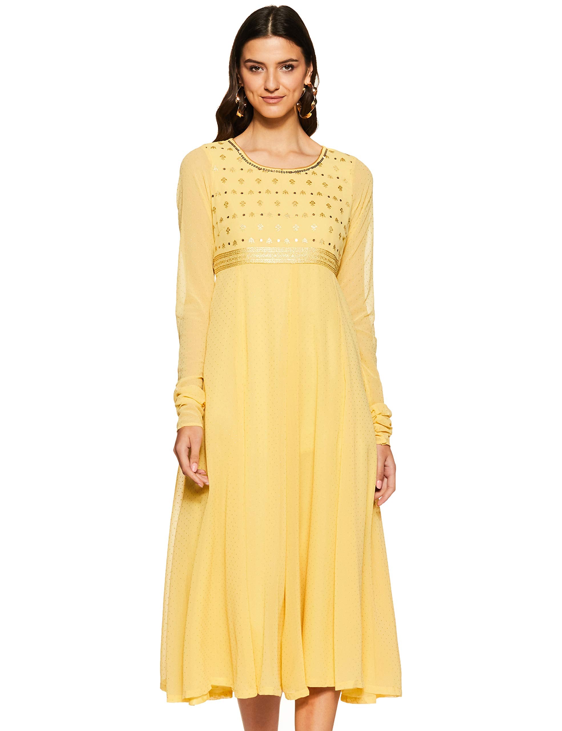 Aurelia Womens Round Neck Solid Embellished Kurta (Yellow_X-Large)