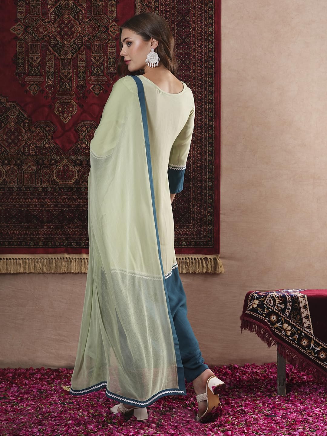 ANNI DESIGNER Ladies Plain Cotton Blend Straight Kurta with Trousers and Dupatta, green, XL
