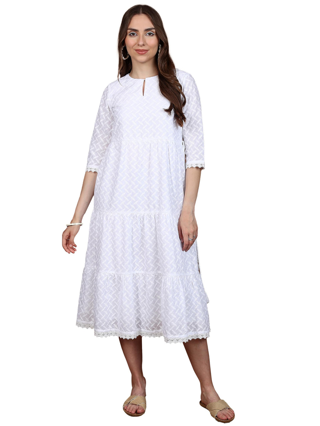 Ketch Cotton Blend Women Regular Fit Bright White Dress Mid-Calf Length Kha1000075