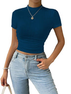 Sugathari Girls & Womens Indigo Blue Casual Semitransparent Cropped High-Neck Lace Trim Ladies T-Shirt, Short Sleeve Schiffli 