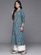 Blue Bandhani Printed, Three Quarter Sleeve, Round Neck With Drawstring, Embellished With Gotta, Side Slit Straight Kurta