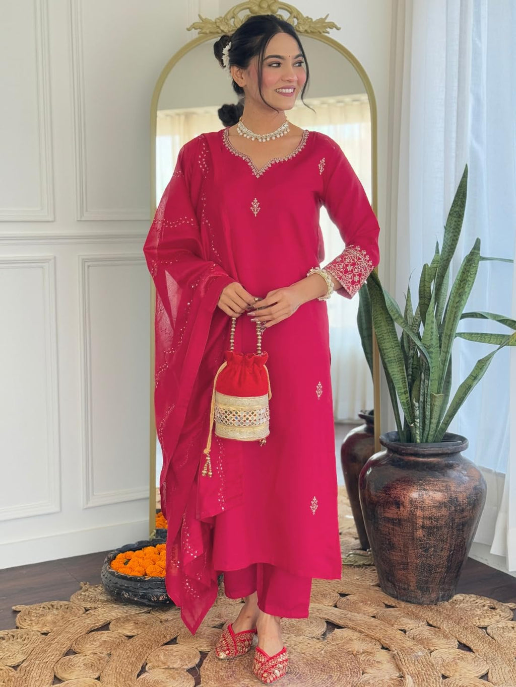 Naixa Womens Gajri Chanderi Embroidered Straight Kurta with Chanderi Silk Pant and Chanderi Silk Laced Dupatta Sets