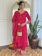 Naixa Womens Gajri Chanderi Embroidered Straight Kurta with Chanderi Silk Pant and Chanderi Silk Laced Dupatta Sets