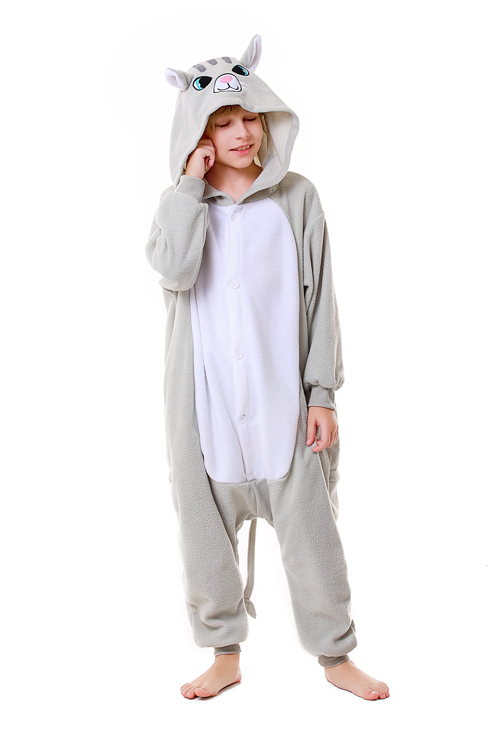 CANASOUR Cat Onesie Kids Halloween Cosplay Costume Girls One Piece Pjs Anime Unisex Hoodie Pajamas Grey For 8-10 Years Boys Part