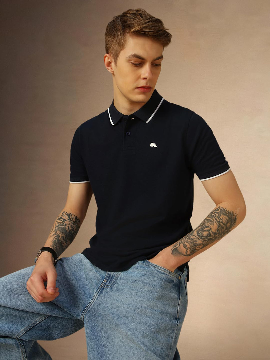 Dennis Lingo Mens Navy Blue Poly Cotton Loose Fit Solid Half Sleeve Polo T-Shirt