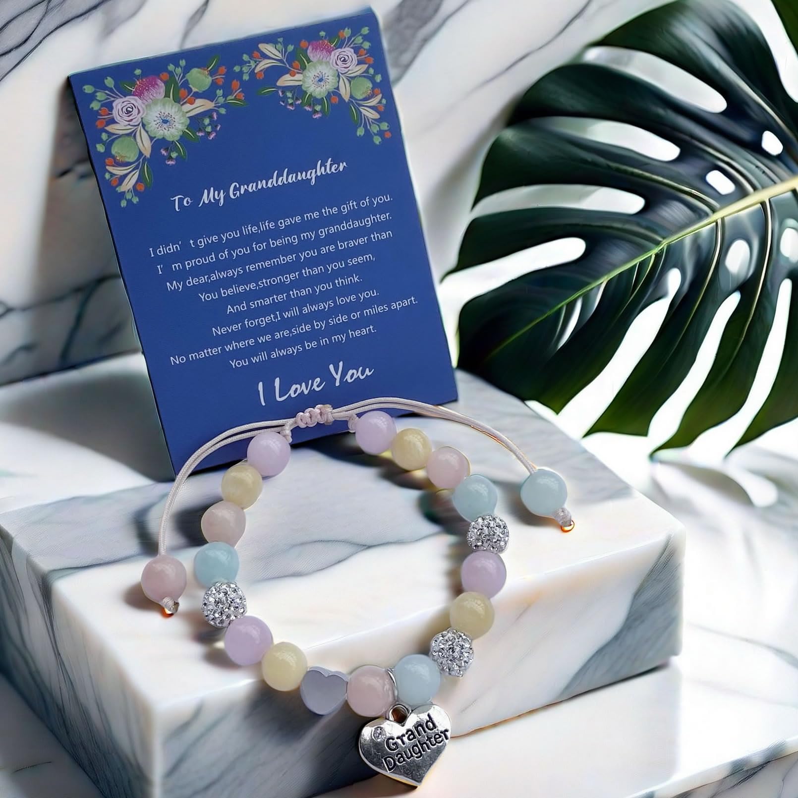 DOLON Handmade Rhinestone Crystal Multi Color Stones Beaded with Heart Granddaughter Charm Bracelet Gift Adjustable for Birthday