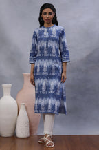 W For Woman W Women Blue Printed Cotton Straight Kurta