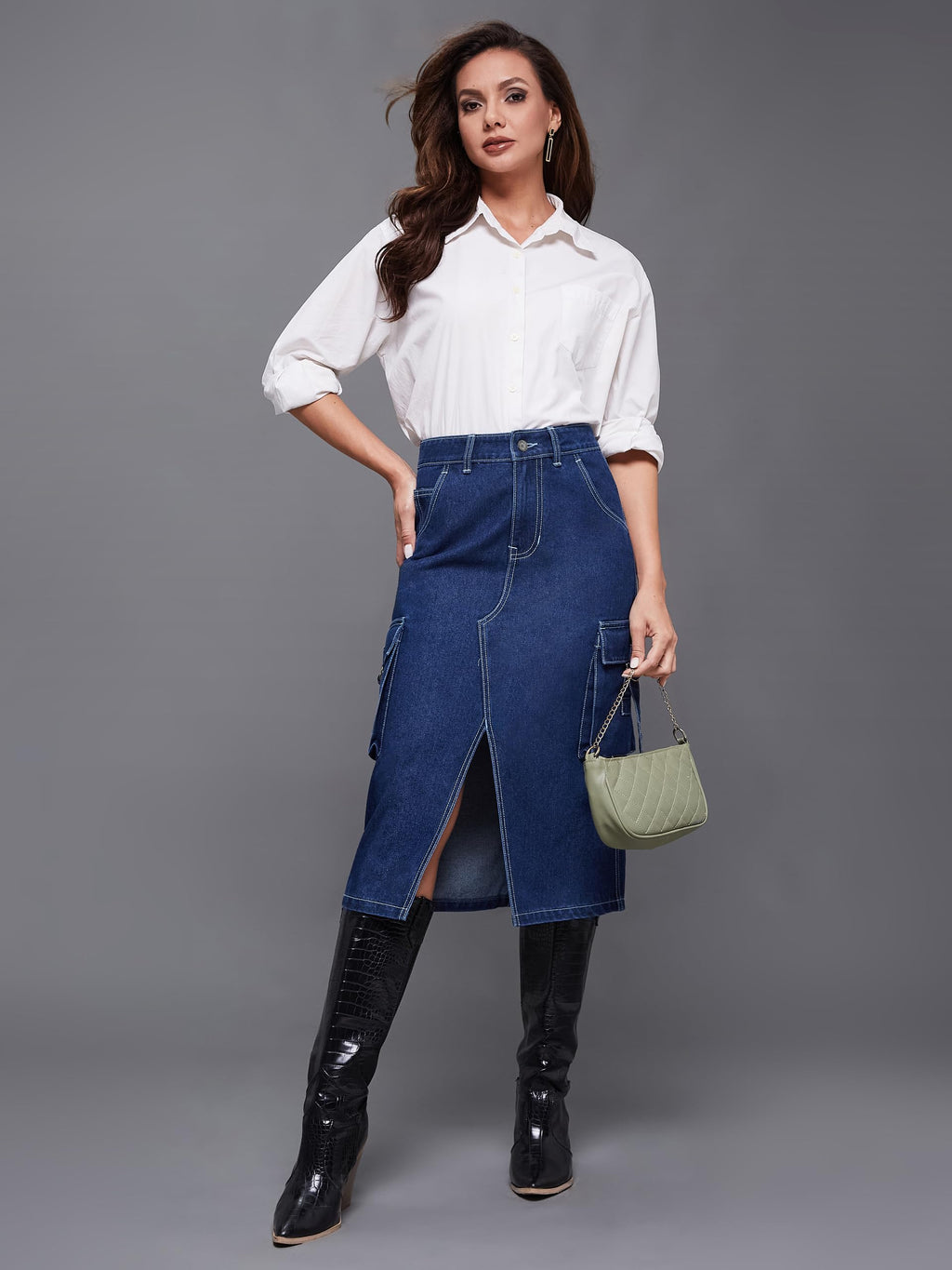 Miss Chase WomenS Straight Fit High Rise Midi Denim Skirt With Pockets (Mcss24Den11-14-71-26, Blue, 26)