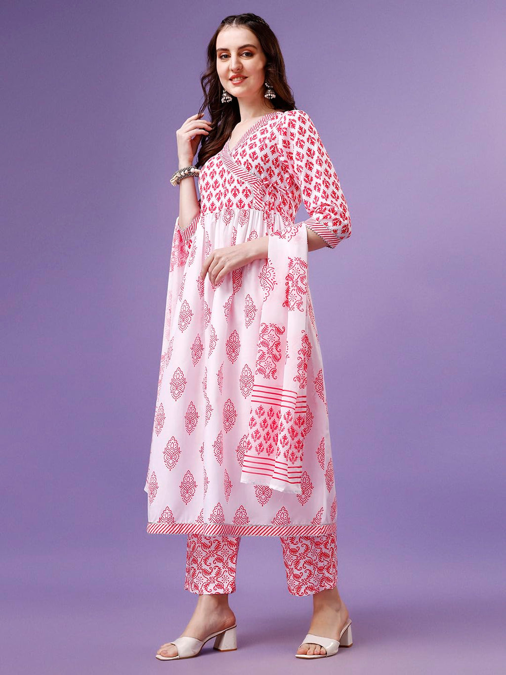 Yashika Women Women'S Printed Angrakhaa Style Flared Kurta Palaazo And Dupatta Set