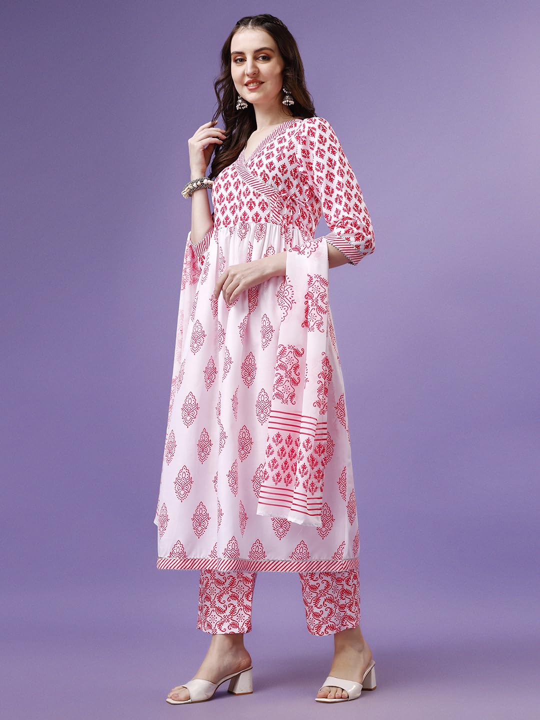 Yashika Women Women'S Printed Angrakhaa Style Flared Kurta Palaazo And Dupatta Set