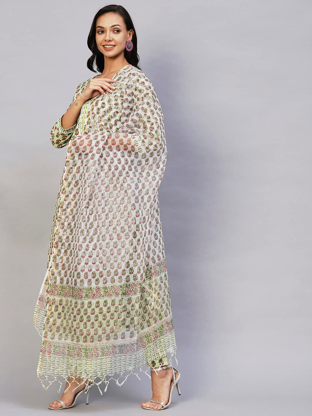 Anni Designer Women'S Cotton Blend Straight Printed Kurta With Pant & Dupatta (World Green)