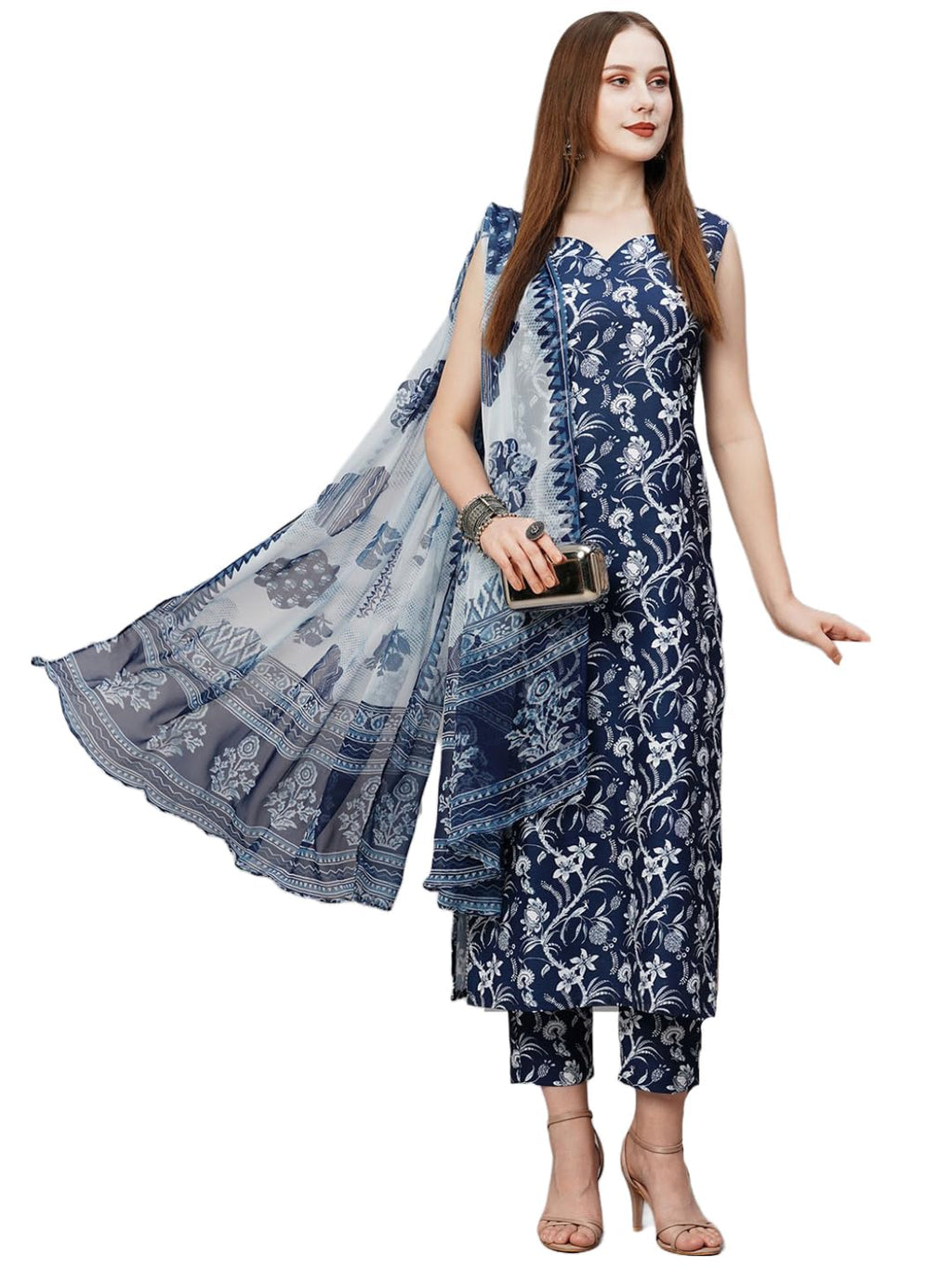 ANNI DESIGNER Women's Rayon Blend Straight Printed Kurta with Pant & Dupatta (Ball-Blue-NW_M_Blue_Medium)