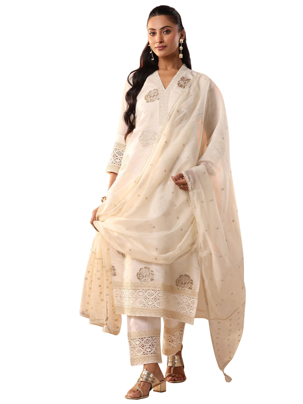 Libas Art Womens Embroidered Silk Blend Straight Kurta With Trousers and Dupatta