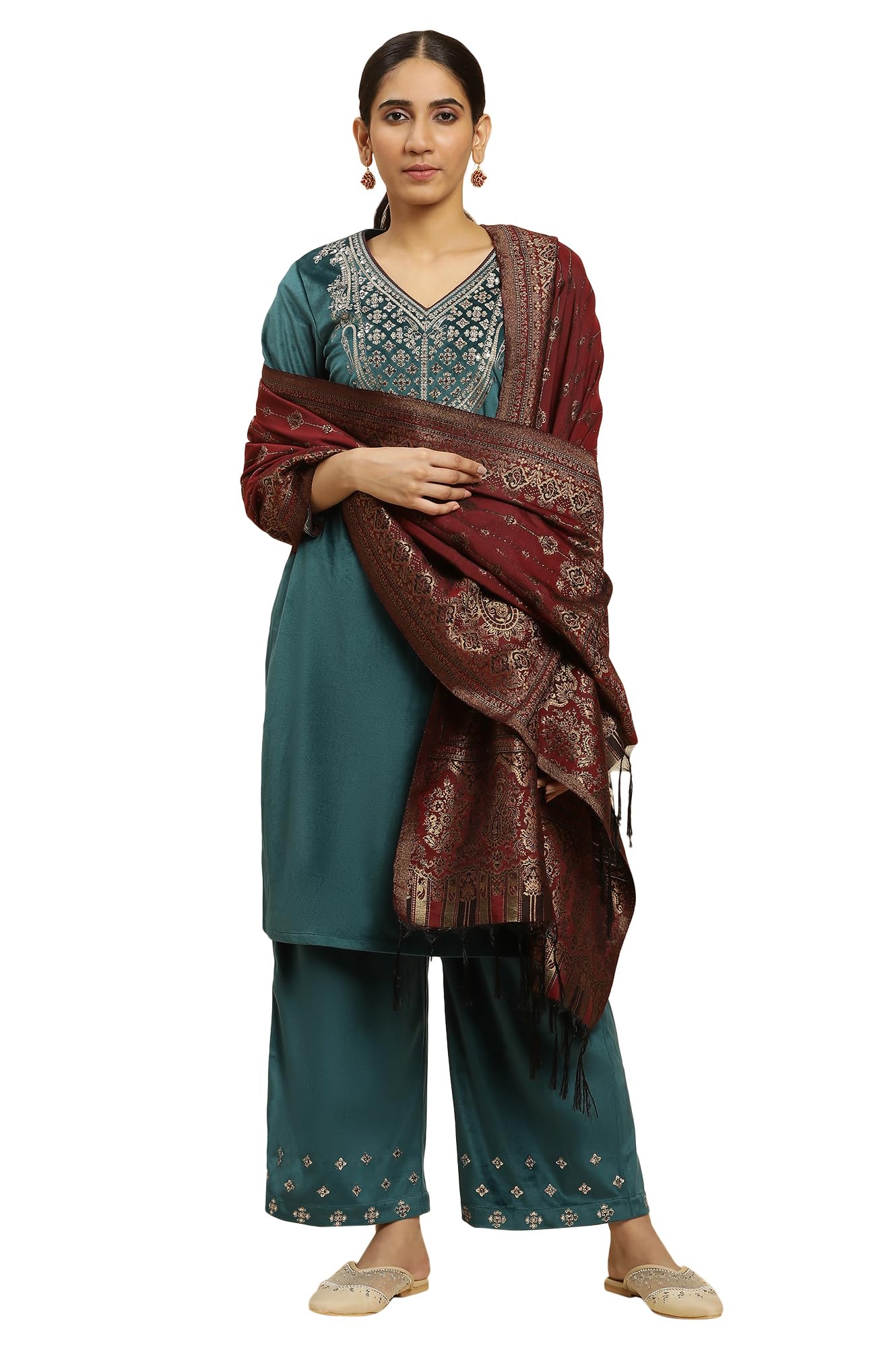 W For Woman Women'S Polyester Kurta, Parallel Pant & Shawl (23Nows10358-220776_Mykonos Blue