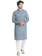 Manyavar Printed Knee Long Full Sleeves Kurta For Men - (Blue,Xx- Large)