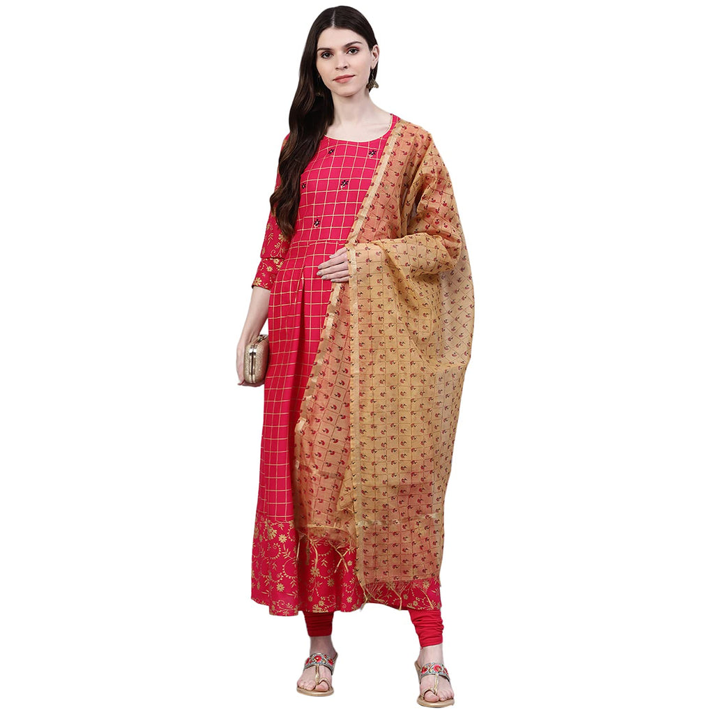 Stylum Womens Checkered Rayon Kurta Dupatta Set (Pinkpankhkdset40_Pink, L)