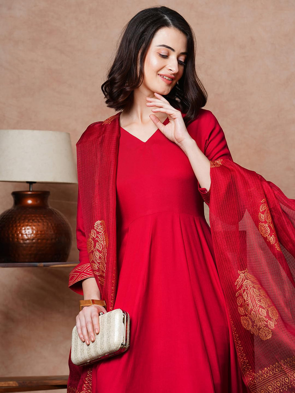 ANNI DESIGNER Women s Cotton Blend Kurta Set, Red, Small