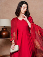 ANNI DESIGNER Women s Cotton Blend Kurta Set, Red, Small