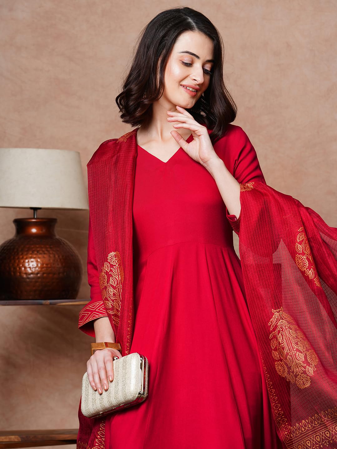 ANNI DESIGNER Women s Cotton Blend Kurta Set, Red, Small