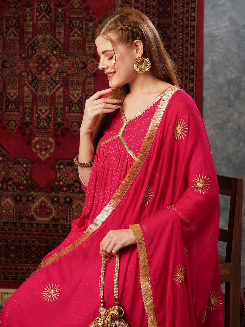 ANNI DESIGNER Ladies Cotton Blend Kurta Trousers with Dupatta Set, pink, M