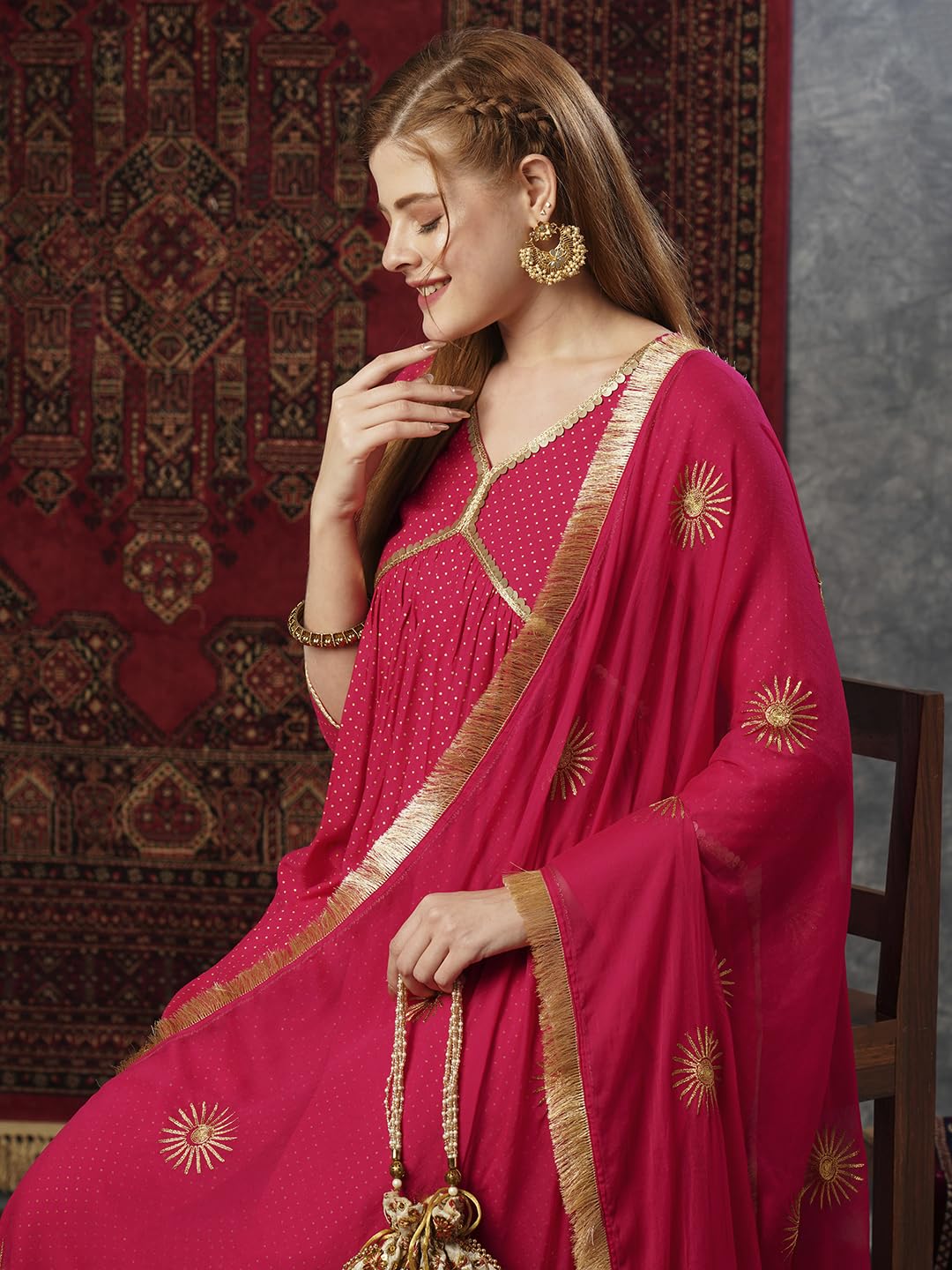 ANNI DESIGNER Ladies Cotton Blend Kurta Trousers with Dupatta Set, pink, M