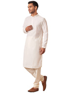 Manyavar Kurta Set For Men, Full Sleeves Mandarin Collar Ethnic Kurta & Churidar Set Art Silk All Over Self Design Set (Cream, X