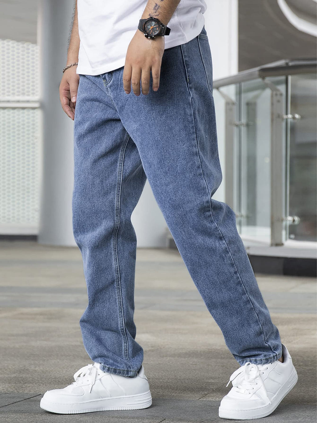 AVANOVA Mens Dark Blue Slant Pocket Wide Leg Jeans  Casual Loose Fit Denim Pants, Cotton Blend Trousers with Slant Pockets for D