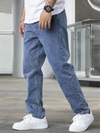 AVANOVA Mens Dark Blue Slant Pocket Wide Leg Jeans  Casual Loose Fit Denim Pants, Cotton Blend Trousers with Slant Pockets for D
