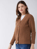 Pivl Womens Blended V-Neck Cardigan Sweater (PV502_Coffee