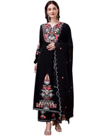 Fashion Basket Womens Faux Georgette Embroidered Straight Kurta with Dupatta (Small, Black)