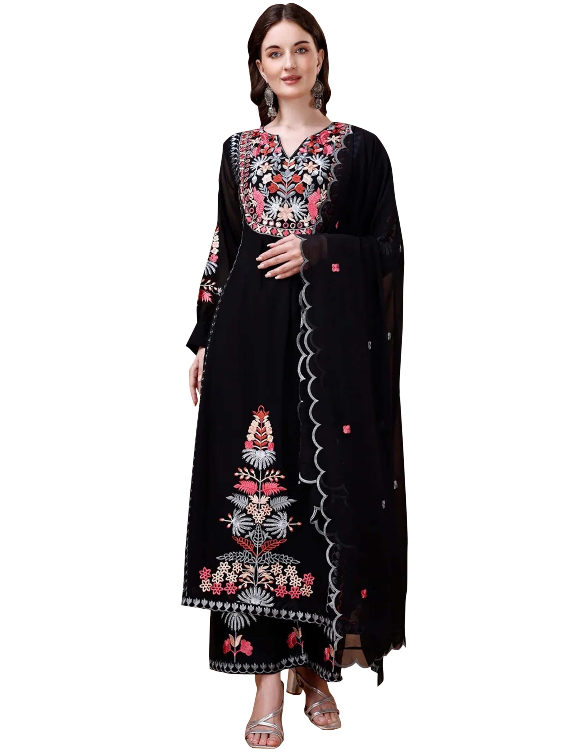 Fashion Basket Womens Faux Georgette Embroidered Straight Kurta with Dupatta (Small, Black)