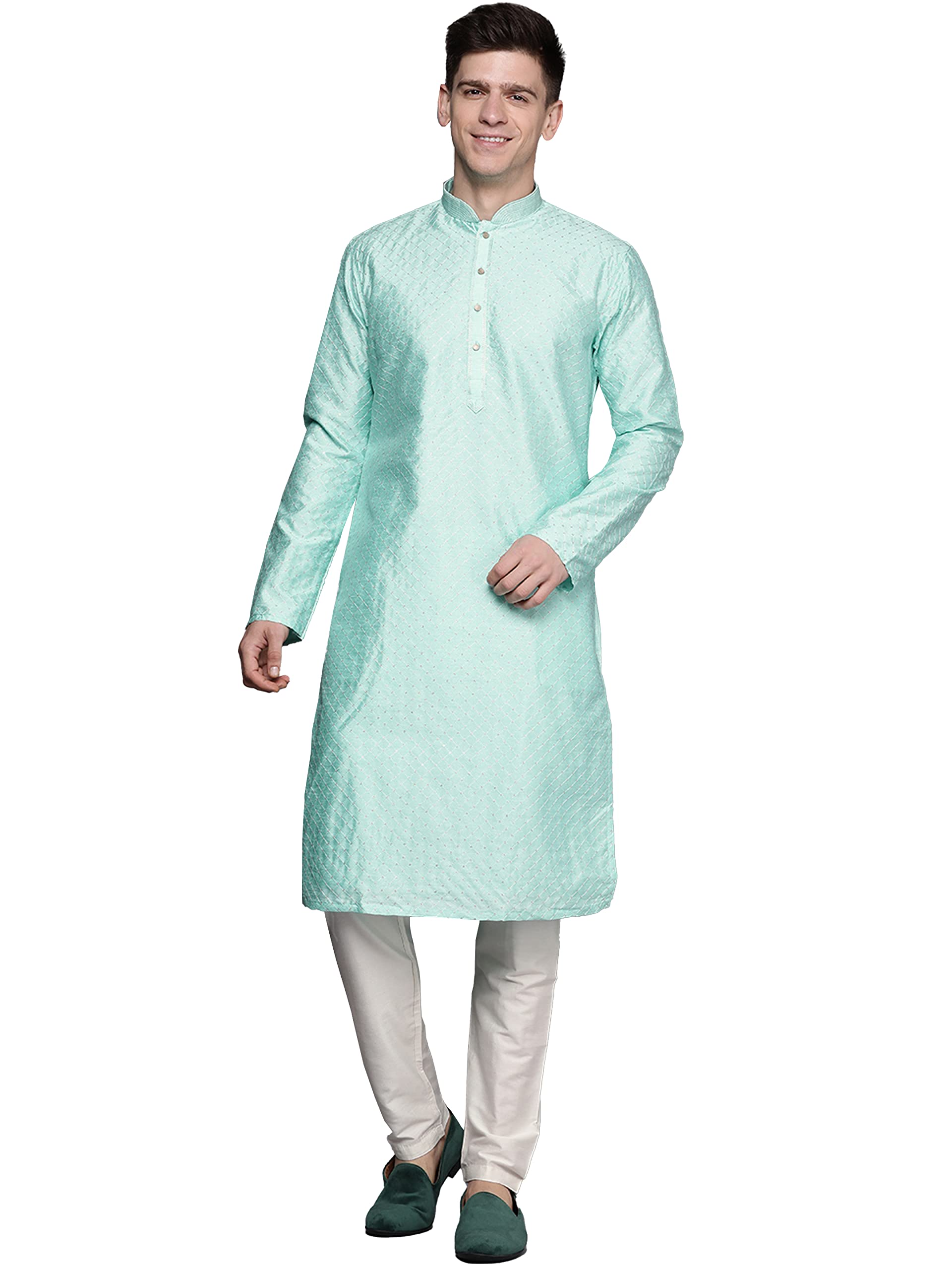Manyavar MenS Sea Green Embroidered Kurta Set (Aqua Green,Xl)