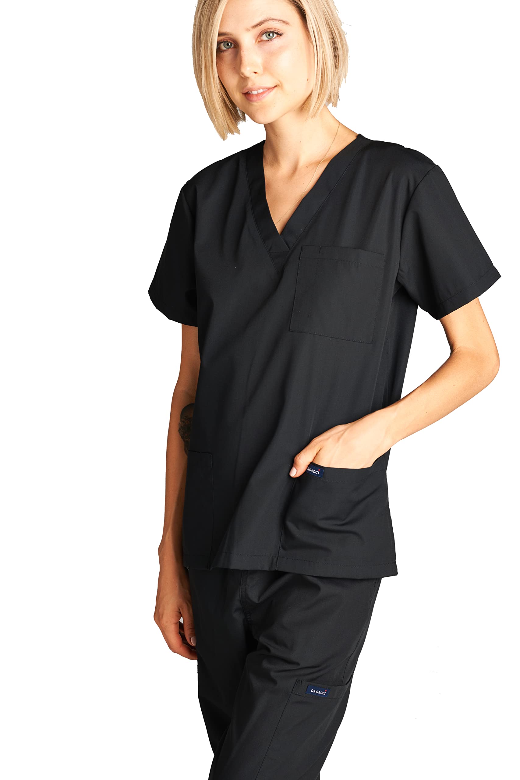 Dagacci Medical Uniform Woman and Man Scrub Set Unisex Medical Scrub Top and Pant, Black, XXL