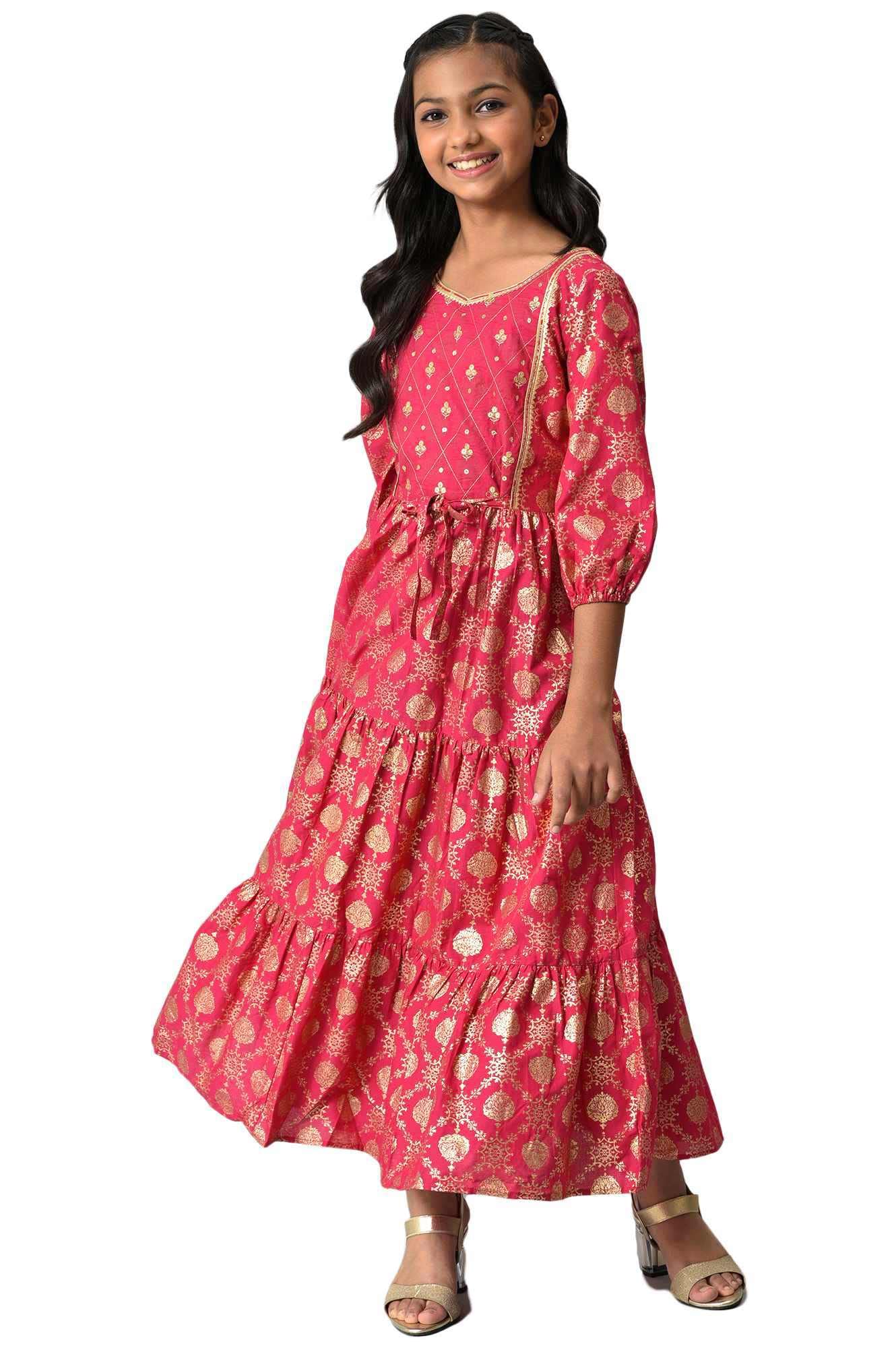 Aurelia Girls Cotton Fit and Flare Knee-Length Casual Dress (22AUG10290B-506175_Pink