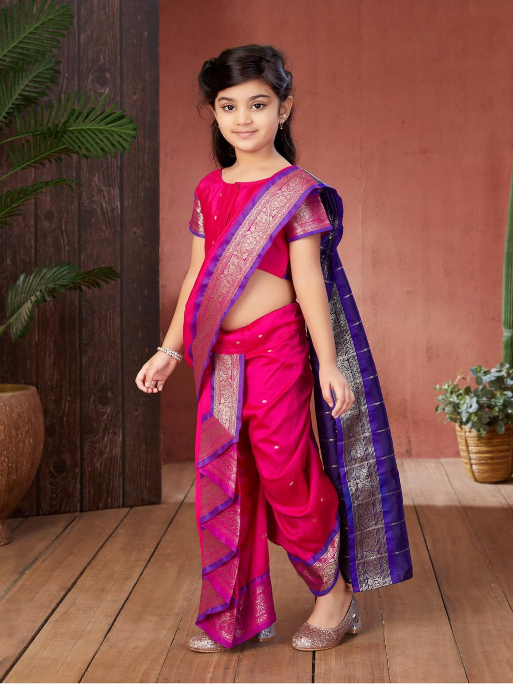 Aarika Girls Ethnic Wear Rani Colour Mastani Silk Saree (3-9 Years)