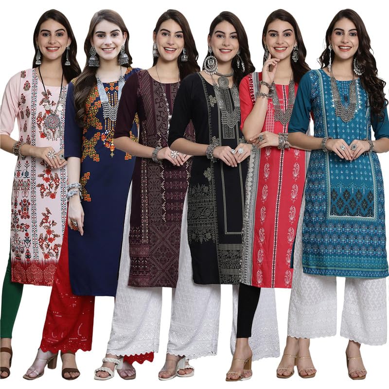 Pinkmint Womens Crepe Digital Print Straight Kurta [Pack of 6]
