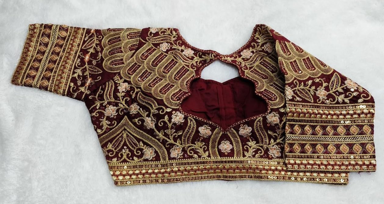 Pujia Mills WomenS Silk Half Sleeve Readymade Embroidery Multi Coding Gold Thread Indian Ethnic Designer Stitched Saree Blouse