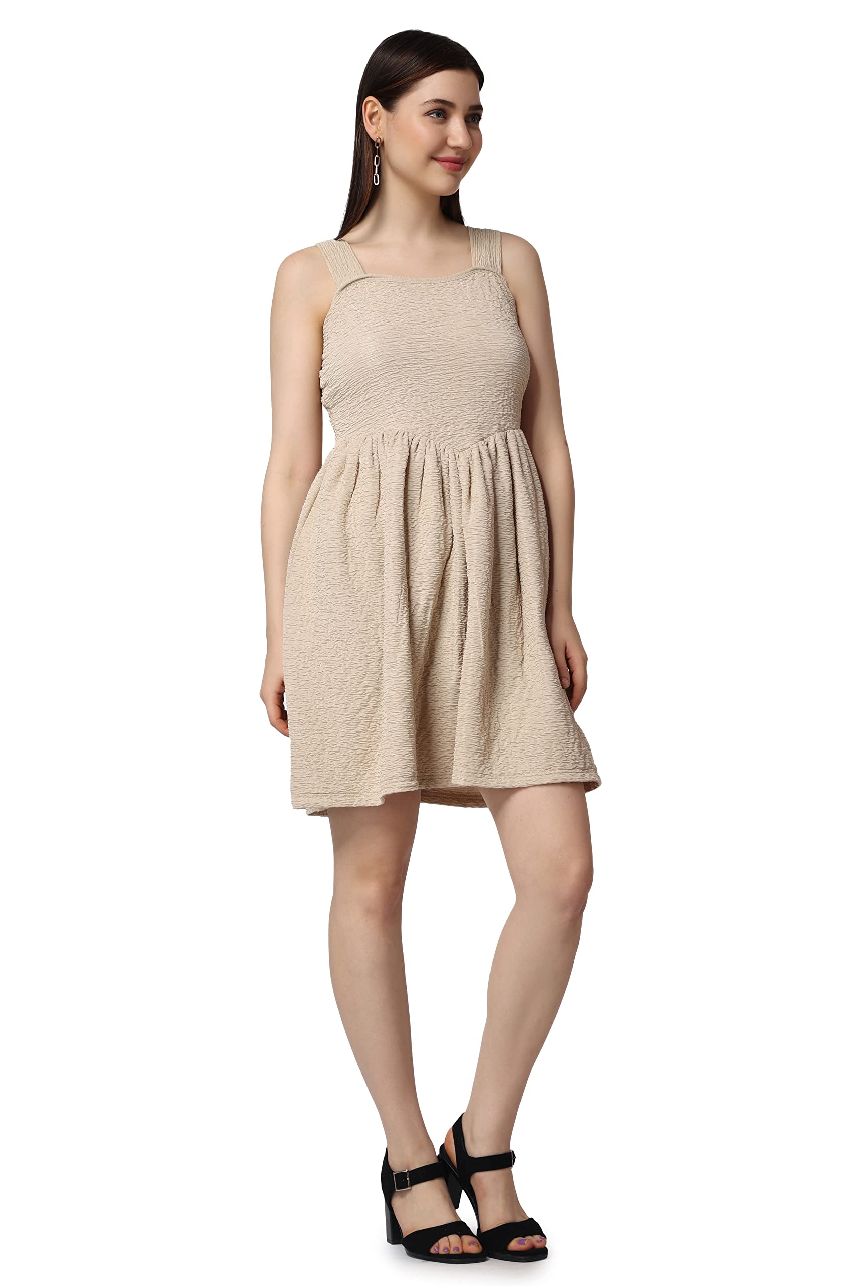 Popwings Casual Self Design Crush Dress For Women || Sleeveless Summer Dress For Women || Latest Stylish Knee-Length Women Dress
