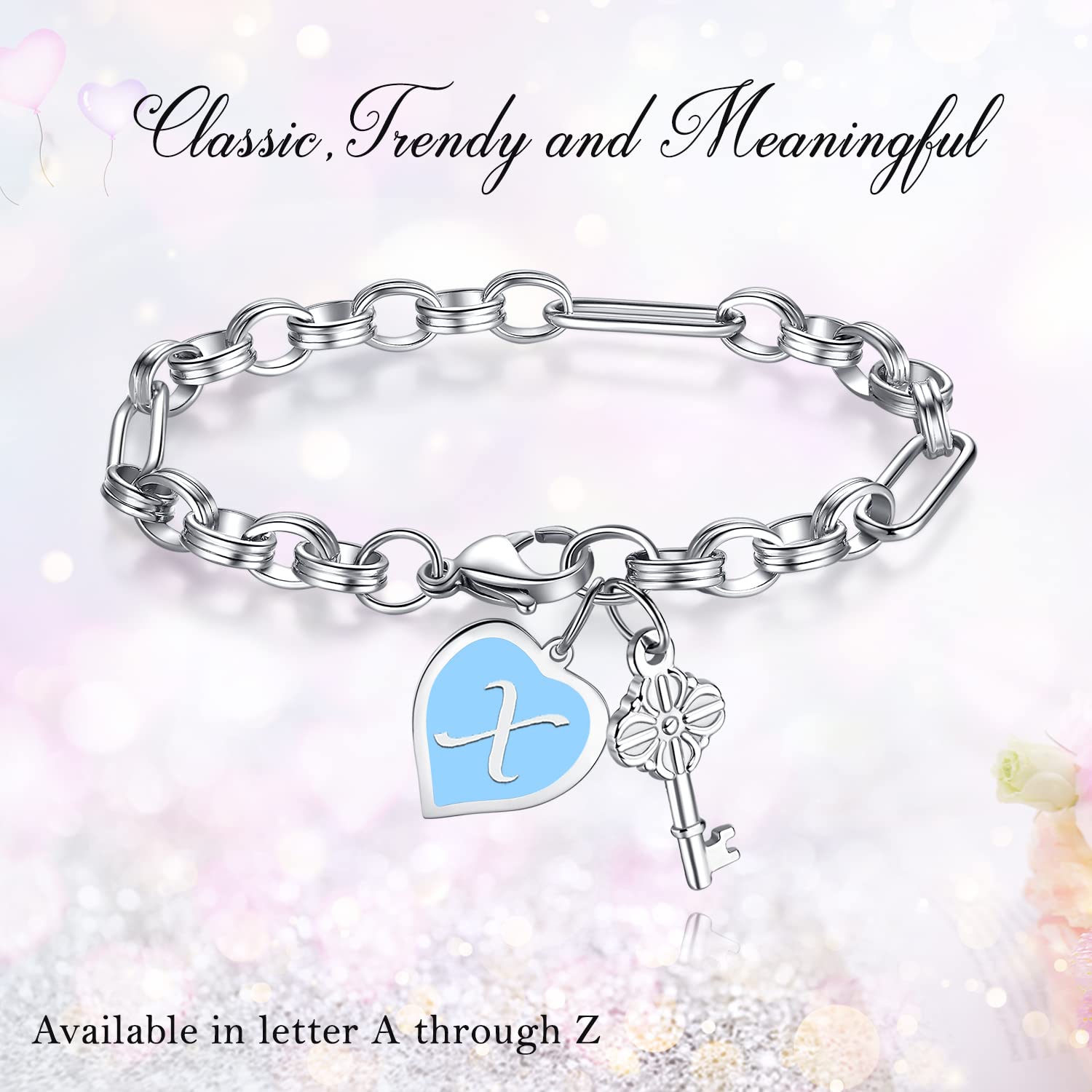 TONY & SANDY Heart Initial Charm Bracelet for Girls Jewelry Handmade Silver Chain Enamel Heart Bracelet with Initials Birthday C