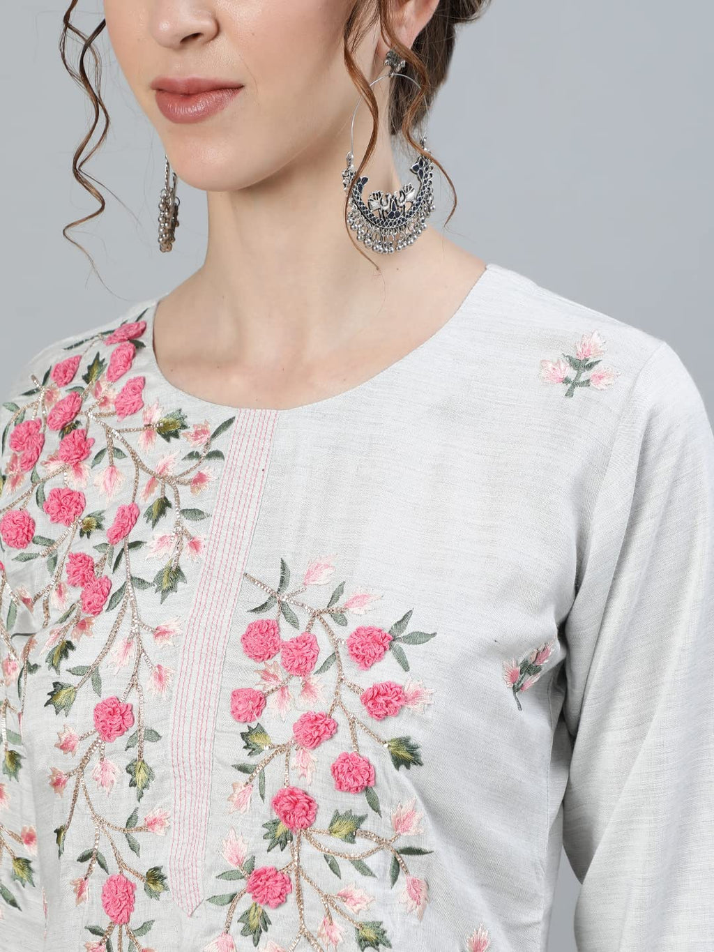 Ishin Women'S Viscose Rayon Grey Embroidered A-Line Kurta Suit Set With Dupatta & Pants