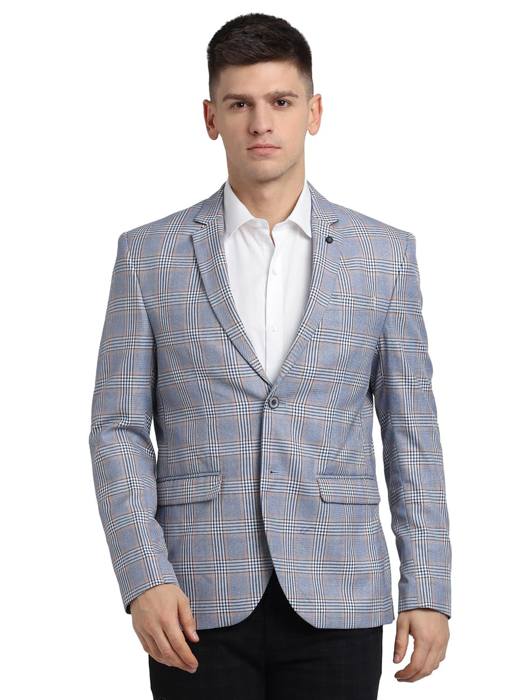 Turtle Men Poly Viscose Checkered Light Blue Blazer