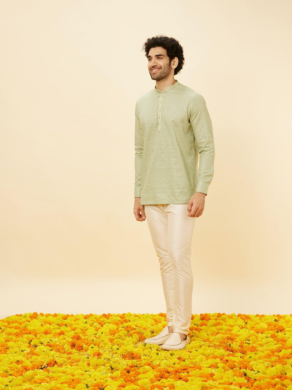 Manyavar Mens Green Cotton Short Kurta
