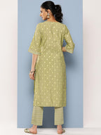 Libas Green Printed Silk Blend Straight Kurta With Trousers