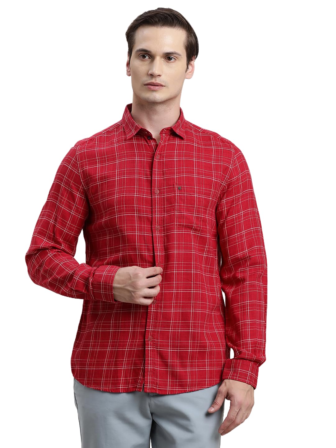 Turtle Men Red Slim Fit Checkered Cotton Lyocell Casual Shirt