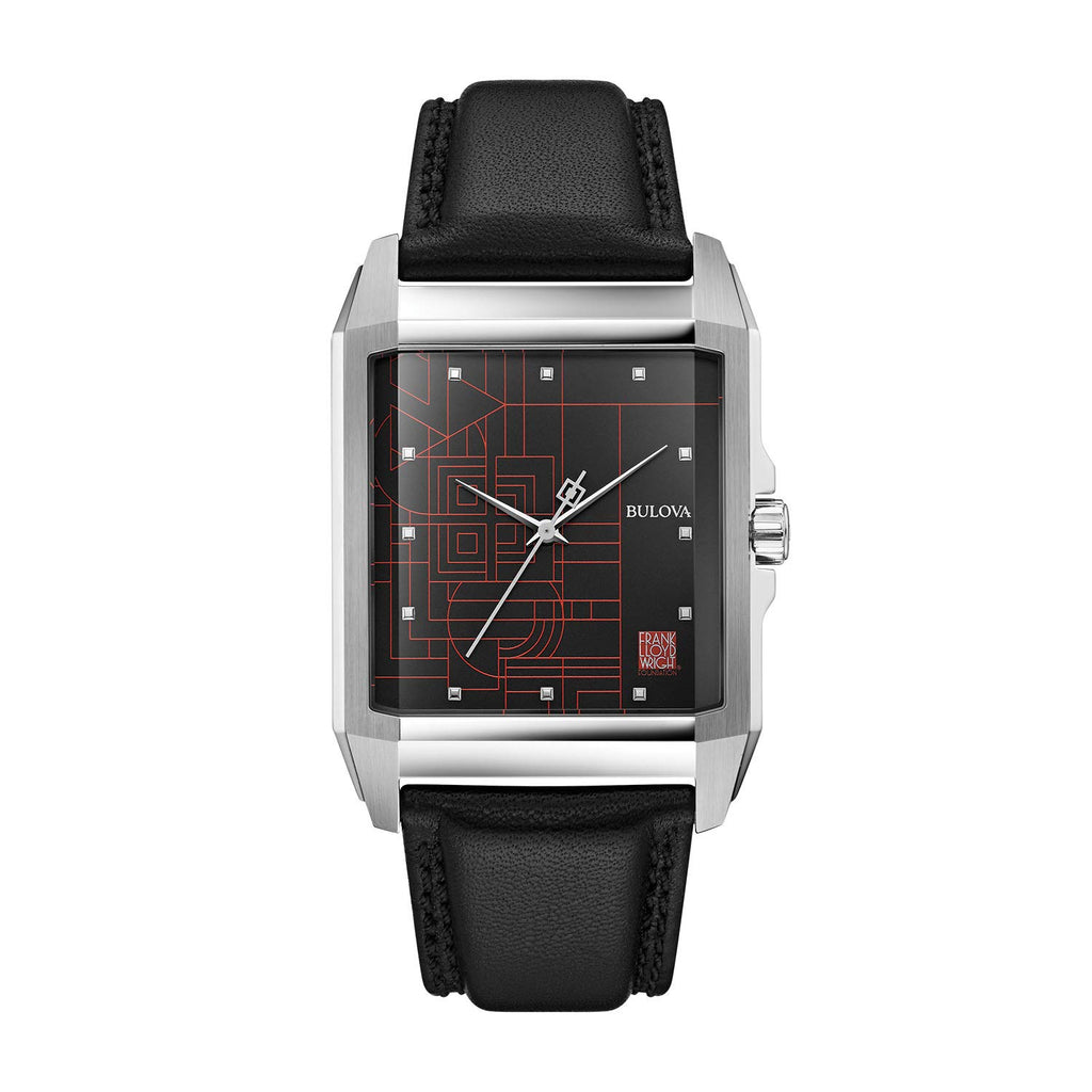 Bulova Frank Lloyd Wright 'December Gifts' Stainless Steel 3-Hand Quartz Dial, Black Leather Strap Style: 96A223