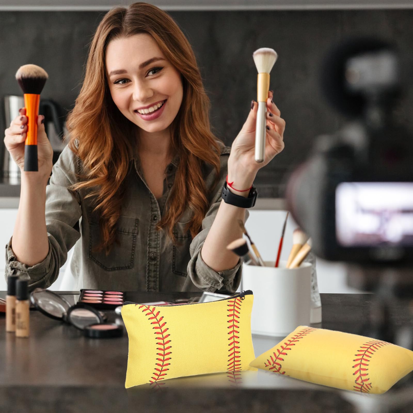 Eccliy 20 Pcs Sport Makeup Bag Sport Cosmetic Bag Canvas Gifts Softball Volleyball Football Baseball Tennis Accessories for Wome