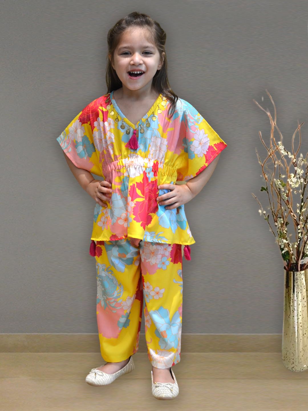 A.T.U.N. (ALL THINGS UBER NICE) Girls Yellow Floral Printed Polysilk Top with Straight Pant Set