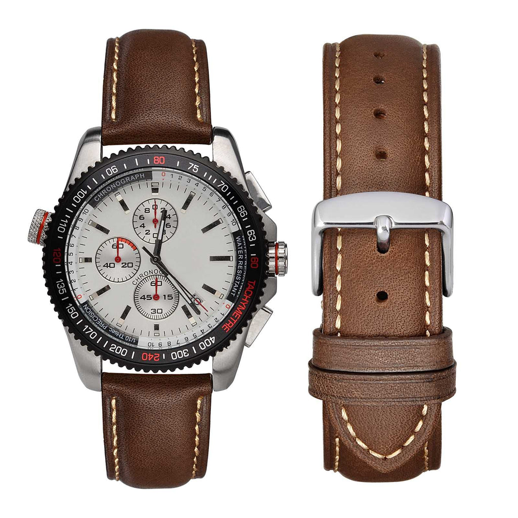 WOCCI 19mm Vintage Leather Watch Band for Men and Women, Silver Buckle (Dark Brown/Beige Seam)